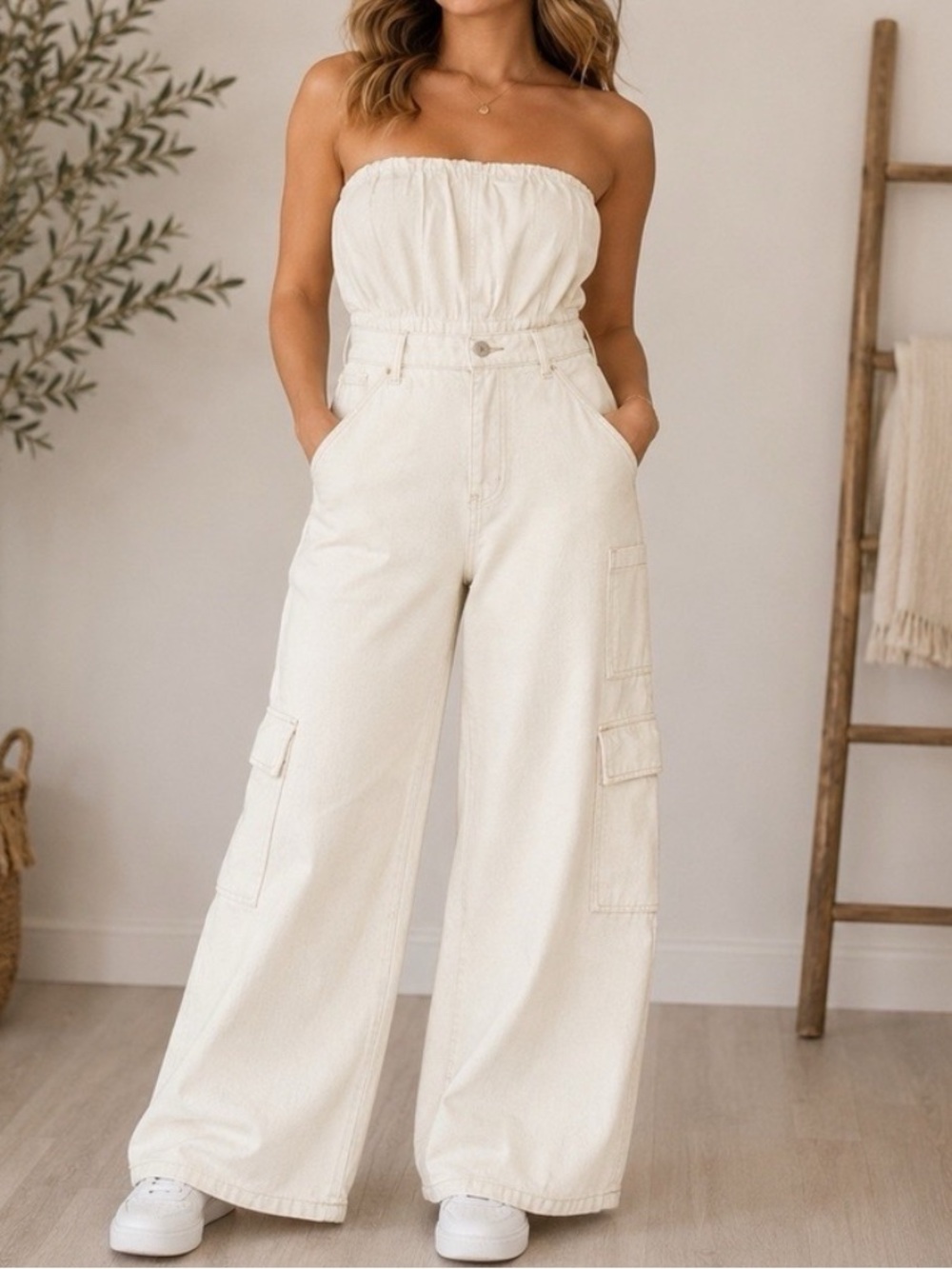 Women’s Strapless Wide-Leg Cargo Jumpsuit — Cream size large
